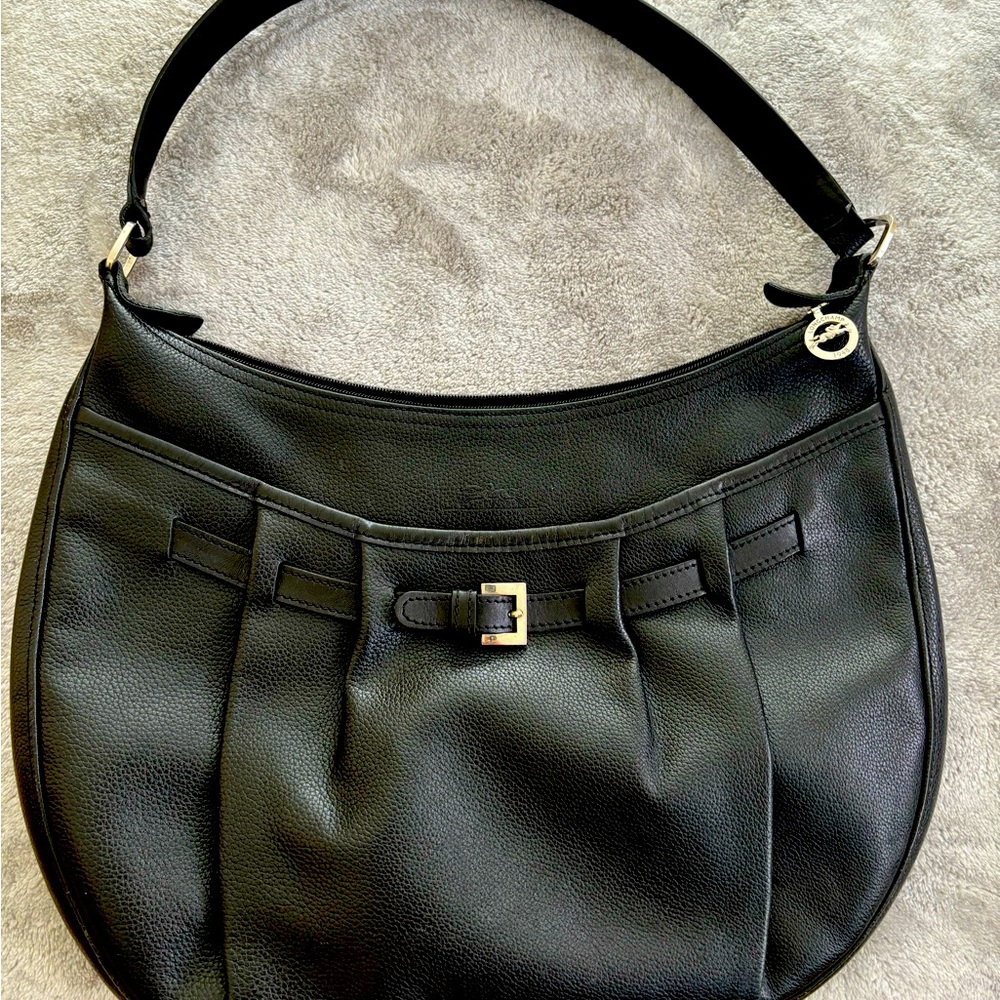 LONGCHAMP Black Pebbled Leather Front Buckle Pocket Hobo Shoulder Bag Tote